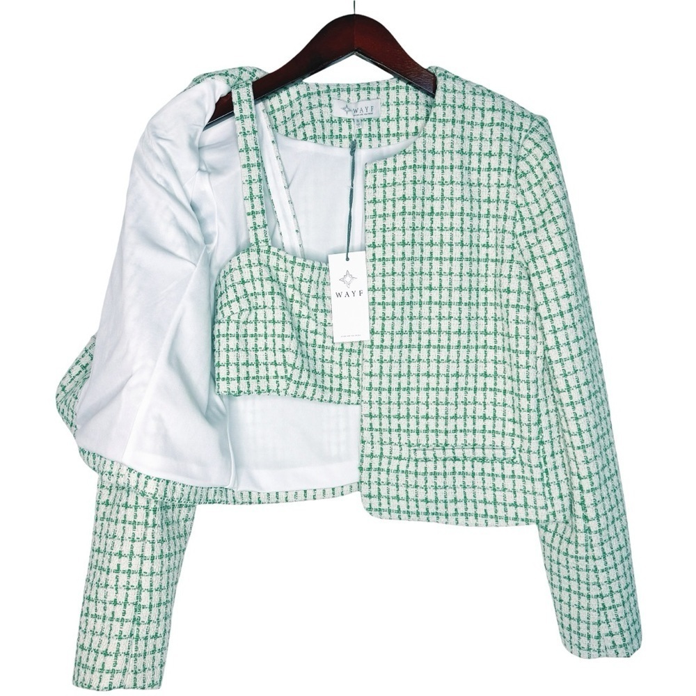 WAYF NWT Two Piece Tweed Blazer and Halter Top Size Small in Green and White